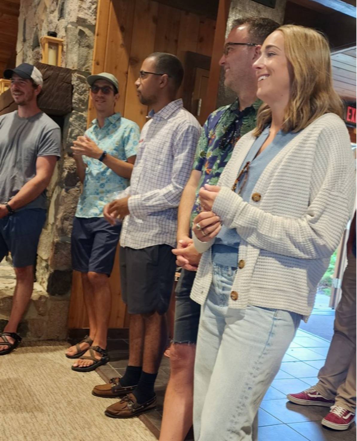 Anthony Meyer, Max Counter, Alex Mangala, Justin Pettibone, Dan Cope standing at the SIS welcome party